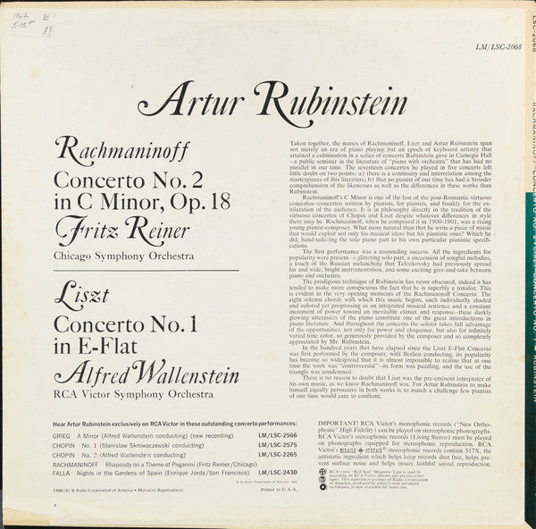 Rubinstein*, Rachmaninoff*, Liszt*, Reiner* / Chicago Symphony* · Wallenstein* / RCA Victor Symphony* : Concerto No. 2 · Concerto No. 1 (LP, Album, RE, RP, Whi)