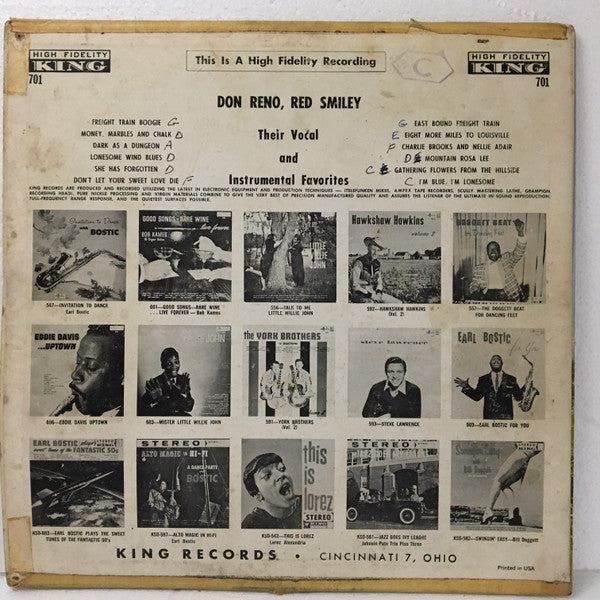 Reno And Smiley : Country Songs (Their Vocal And Instrumental Favorites) (LP, Album)