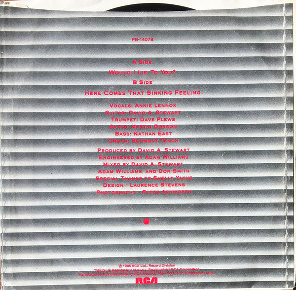 Eurythmics : Would I Lie To You? (7", Single)