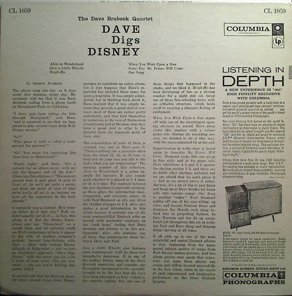 The Dave Brubeck Quartet : Dave Digs Disney (LP, Album, Mono)