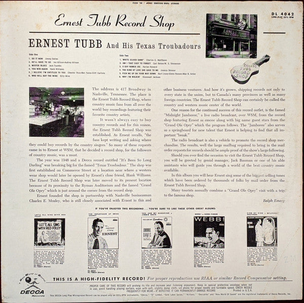 Ernest Tubb And His Texas Troubadours : Ernest Tubb Record Shop (LP, Album, Mono, RP)