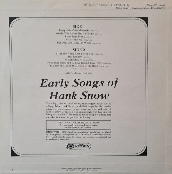 Hank Snow : My Early Country Favorites (LP, Album, Roc)