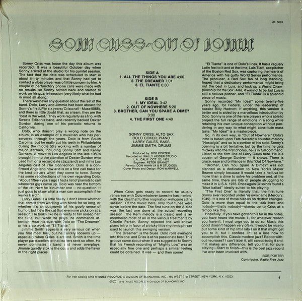 Sonny Criss : Out Of Nowhere (LP, Album, PRC)