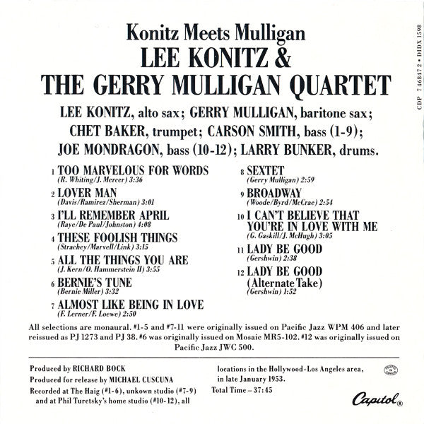 Lee Konitz & Gerry Mulligan Quartet : Konitz Meets Mulligan (CD, Album, RE)