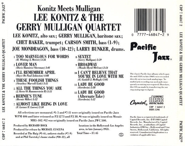 Lee Konitz & Gerry Mulligan Quartet : Konitz Meets Mulligan (CD, Album, RE)