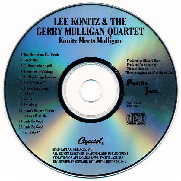 Lee Konitz & Gerry Mulligan Quartet : Konitz Meets Mulligan (CD, Album, RE)