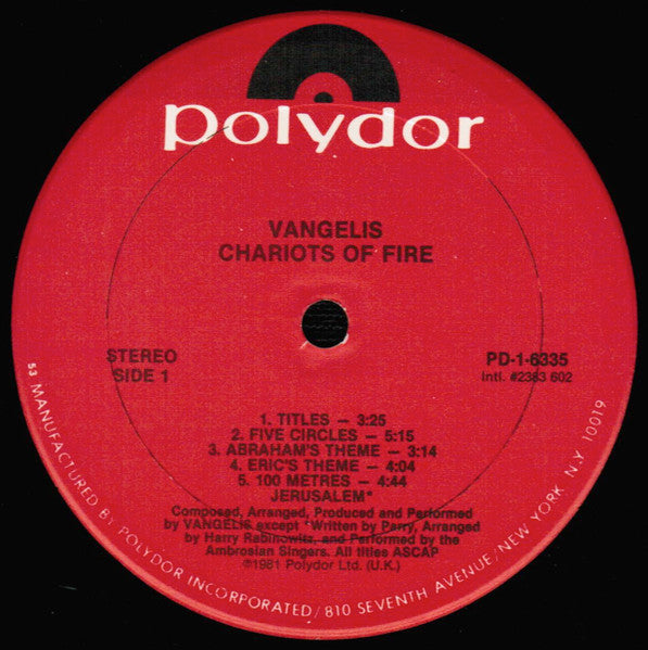 Vangelis : Chariots Of Fire (LP, Album, 53 )
