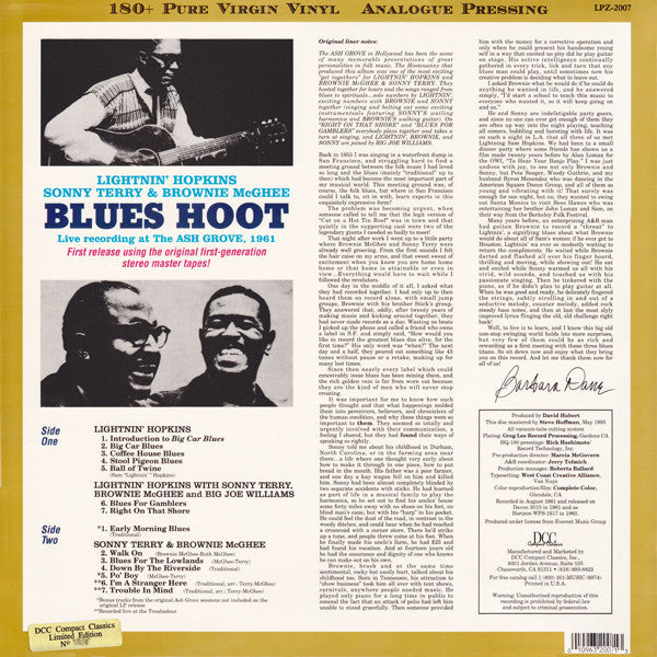 Lightnin' Hopkins, Brownie McGhee, Sonny Terry : Blues Hoot Live Recording At 'The Ash Grove' (LP, Album, Ltd, Num, RE, RM, 180)