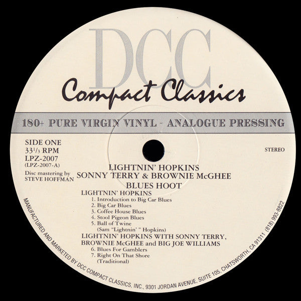 Lightnin' Hopkins, Brownie McGhee, Sonny Terry : Blues Hoot Live Recording At 'The Ash Grove' (LP, Album, Ltd, Num, RE, RM, 180)