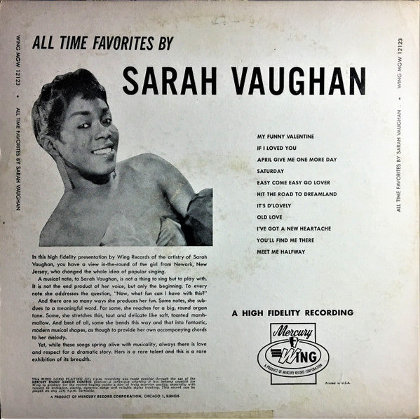 Sarah Vaughan : All Time Favorites By (LP, Album, Comp, Mono)