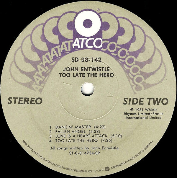John Entwistle : Too Late The Hero (LP, Album, SP )