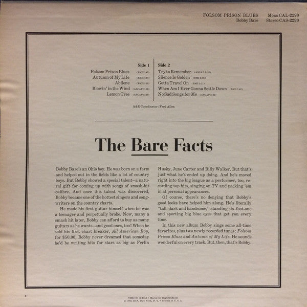 Bobby Bare : Folsom Prison Blues (LP, Album, Hol)
