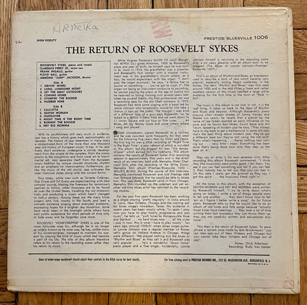 Roosevelt Sykes : The Return Of Roosevelt Sykes (LP, Mono)