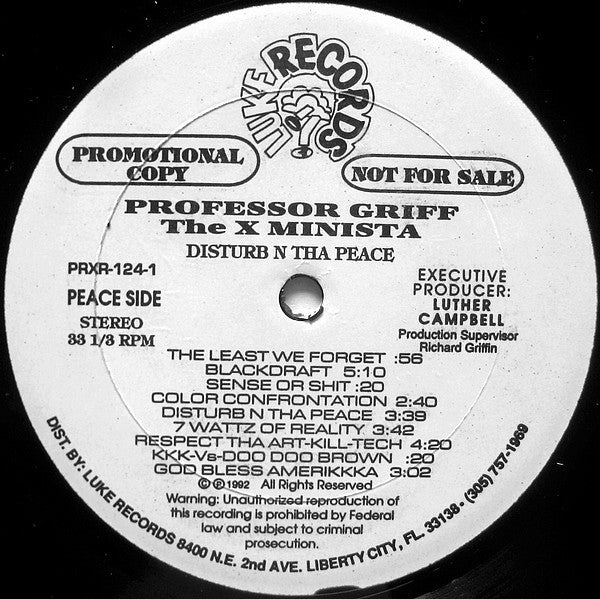 Professor Griff : Disturb N Tha Peace (Freedom Is Just A Mind Revolution Away) (LP, Album, Promo)