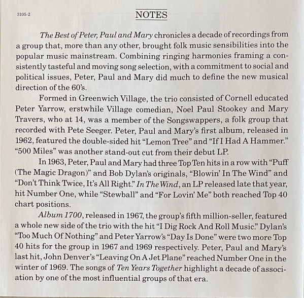 Peter, Paul And Mary* : The Best Of Peter, Paul And Mary/Ten Years Together (CD, Comp, Club, RE, RM, BMG)