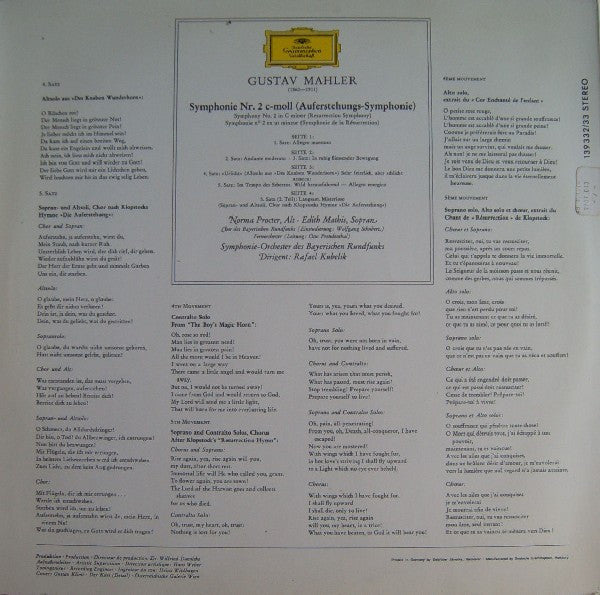 Gustav Mahler - Edith Mathis, Norma Procter, Chor Des Bayerischen Rundfunks, Symphonie-Orchester Des Bayerischen Rundfunks, Rafael Kubelik : Symphonie Nr. 2 (Auferstehungs-Symphonie · Resurrection) (2xLP)