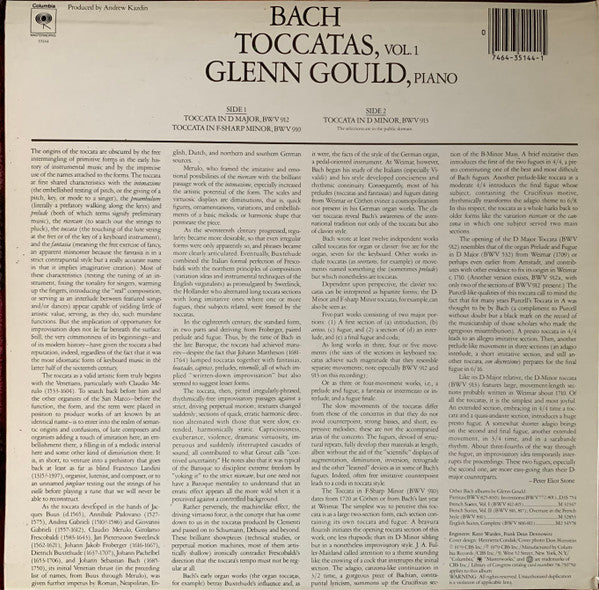 Glenn Gould, Bach* : Toccatas Vol.1 (LP, Album)