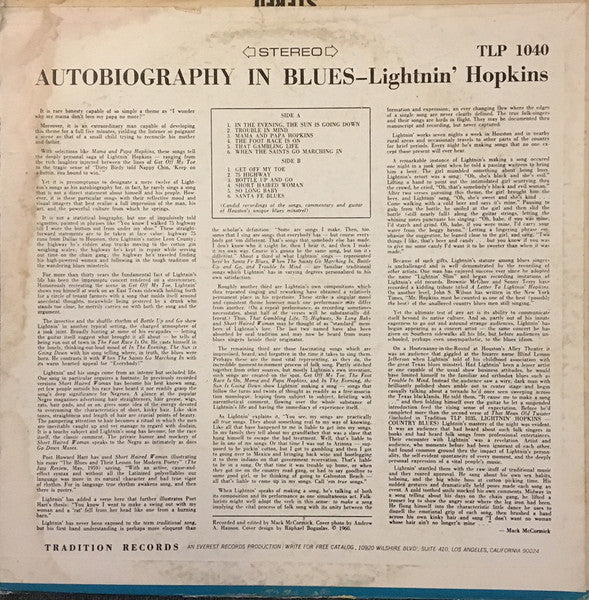 Lightnin' Hopkins : Autobiography In Blues (LP, Album, RE, RP)