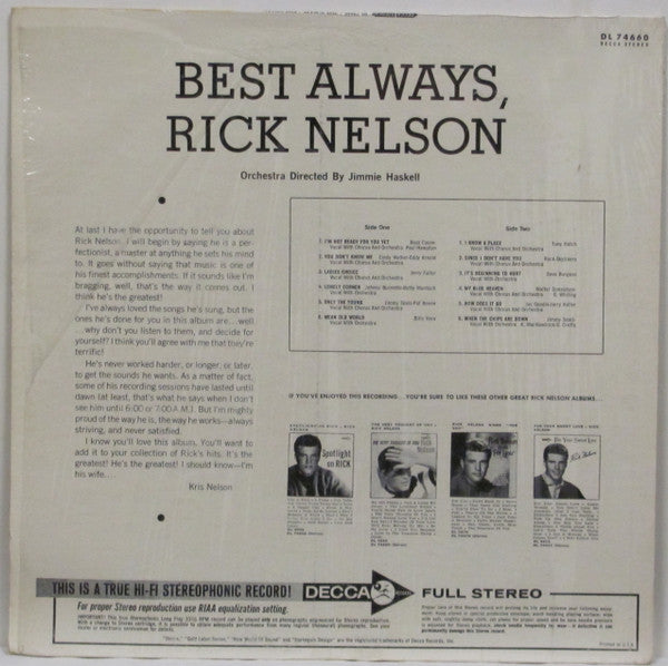 Rick Nelson* : Best Always (LP, Album, Pin)
