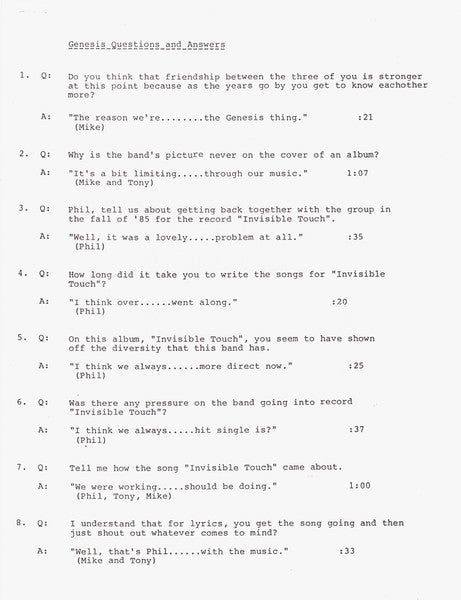 Genesis : Tonight, Tonight, Tonight Exclusive Candid Interview (LP, Promo, Transcription)