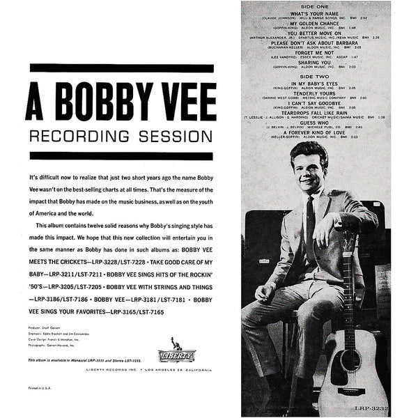 Bobby Vee : A Bobby Vee Recording Session (LP, Album, Mono)