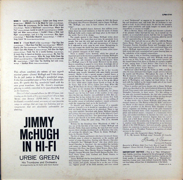 Urbie Green His Trombone And Orchestra* : Jimmy McHugh In Hi-Fi (LP, Album, Mono)