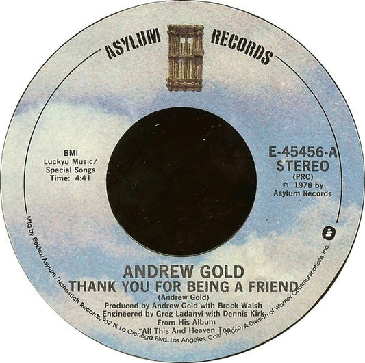 Andrew Gold : Thank You For Being A Friend (7", Styrene, PRC)