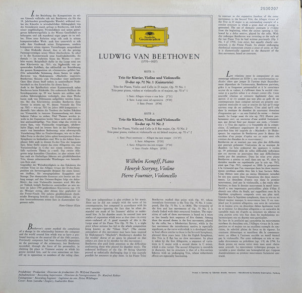 Ludwig Van Beethoven - Kempff* • Szeryng* • Fournier* : Klaviertrios Op. 70, Nr. 1 (Geistertrio) Und Nr. 2 (LP)