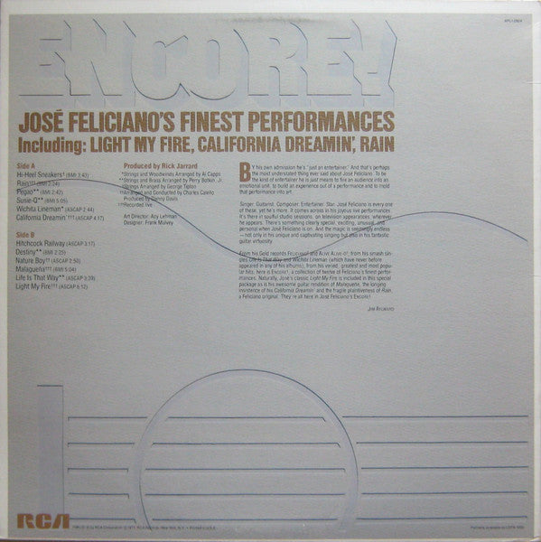 José Feliciano : Encore! José Feliciano's Finest Performances (LP, Comp, RE)