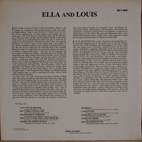 Ella Fitzgerald And Louis Armstrong : Ella And Louis (LP, Album, Mono, RE, RM, 180)