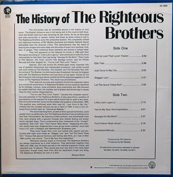 The Righteous Brothers : The History Of The Righteous Brothers (LP, Comp, Ter)
