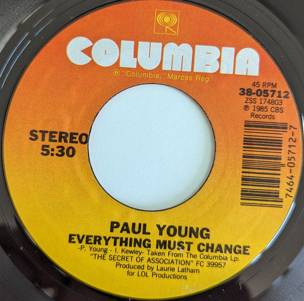 Paul Young : Everything Must Change (7", Single, Styrene, Pit)