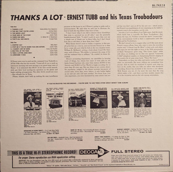 Ernest Tubb And His Texas Troubadours : Thanks A Lot (LP, Album, Pin)