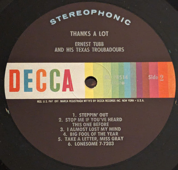 Ernest Tubb And His Texas Troubadours : Thanks A Lot (LP, Album, Pin)