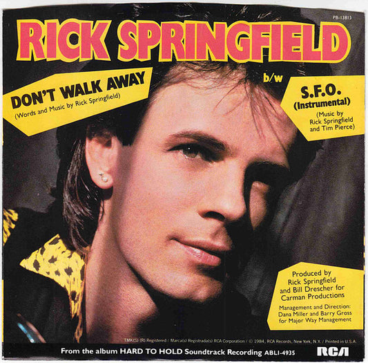 Rick Springfield : Don't Walk Away (7", Single, Styrene, RCA)
