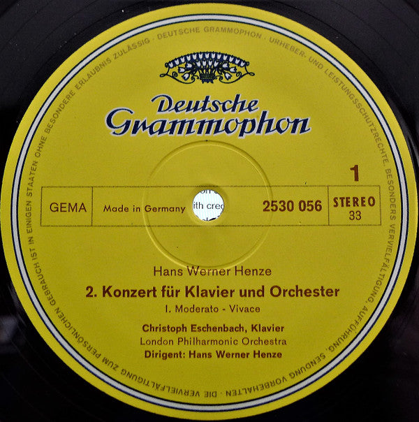 Hans Werner Henze, Christoph Eschenbach, London Philharmonic Orchestra : 2. Konzert Für Klavier Und Orchester (LP)