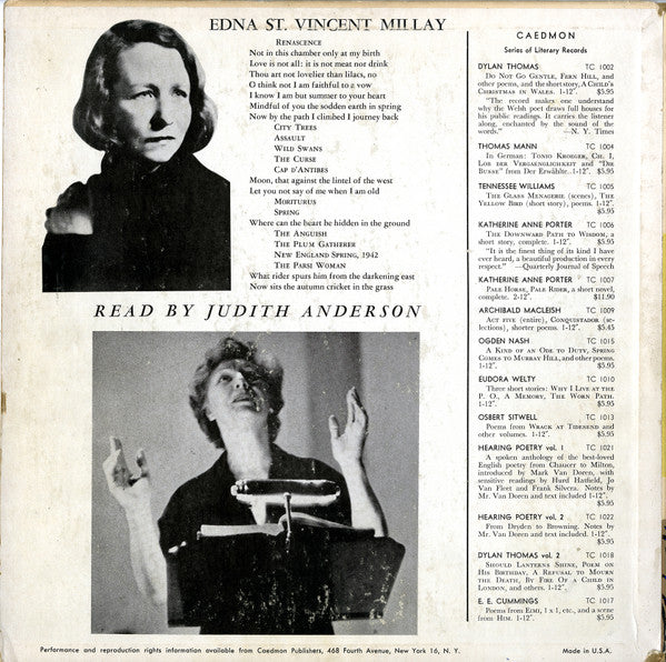 Judith Anderson : Poetry Of Edna St. Vincent Millay (LP, Album)