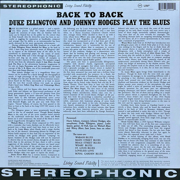 Duke Ellington And Johnny Hodges : Back To Back (Duke Ellington And Johnny Hodges Play The Blues) (LP, Album, RE, RP, 180)