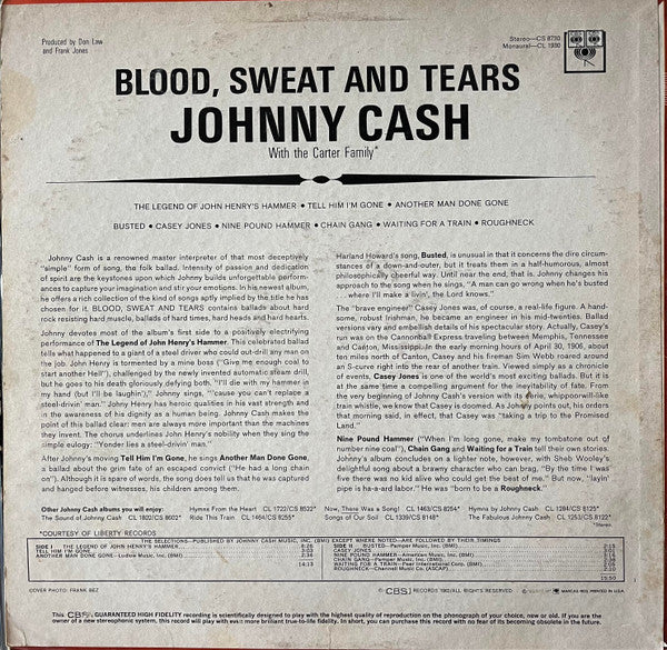 Johnny Cash : Blood, Sweat And Tears (LP, Album, Mono)