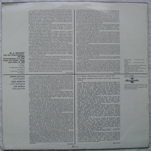 W. A. Mozart* - Dénes Kovács, Géza Németh, Ede Banda : Divertimento In E Flat Major K. 563  (LP)