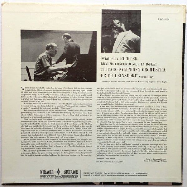 Johannes Brahms / Sviatoslav Richter, Chicago Symphony Orchestra, Erich Leinsdorf : Concerto No. 2 (LP, Ind)