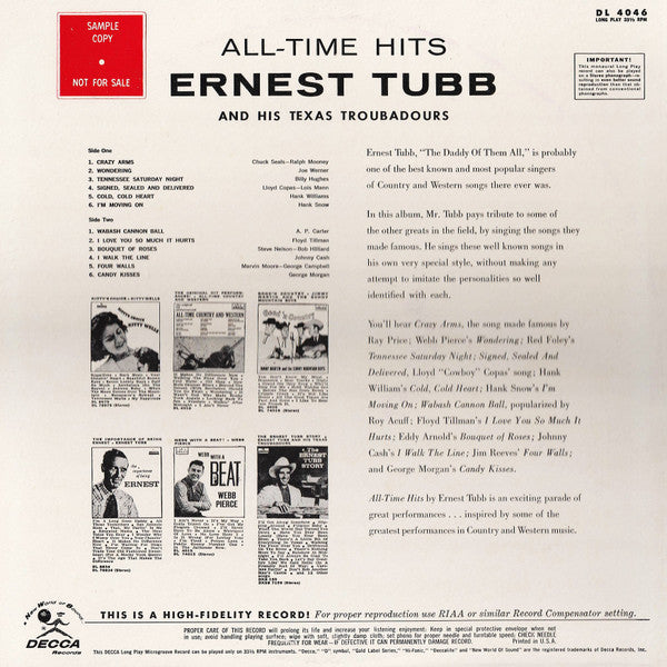 Ernest Tubb And His Texas Troubadours : All Time Hits (LP, Album, Mono, Pin)