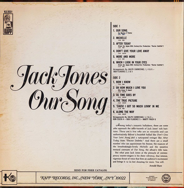 Jack Jones : Our Song (LP, Album)