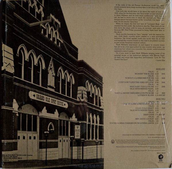 Hank Williams, Sr.* : Live At The Grand Ole Opry (LP, Club, Ind)