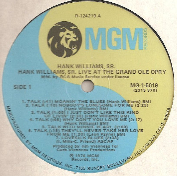 Hank Williams, Sr.* : Live At The Grand Ole Opry (LP, Club, Ind)