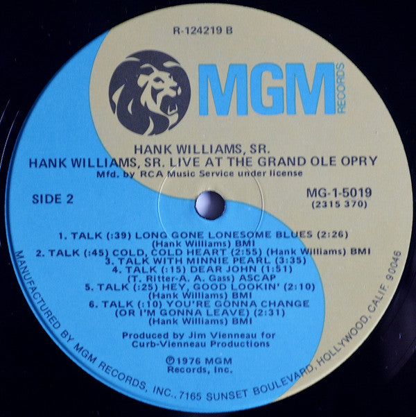 Hank Williams, Sr.* : Live At The Grand Ole Opry (LP, Club, Ind)
