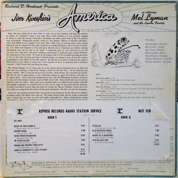 Richard D. Herbruck, Jim Kweskin Co-Starring Mel Lyman And  The Lyman Family : Jim Kweskin's America  (LP, Album, Promo)