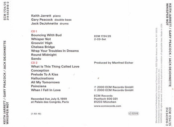Keith Jarrett / Gary Peacock / Jack DeJohnette : Whisper Not (Live In Paris 1999) (2xCD, Album)