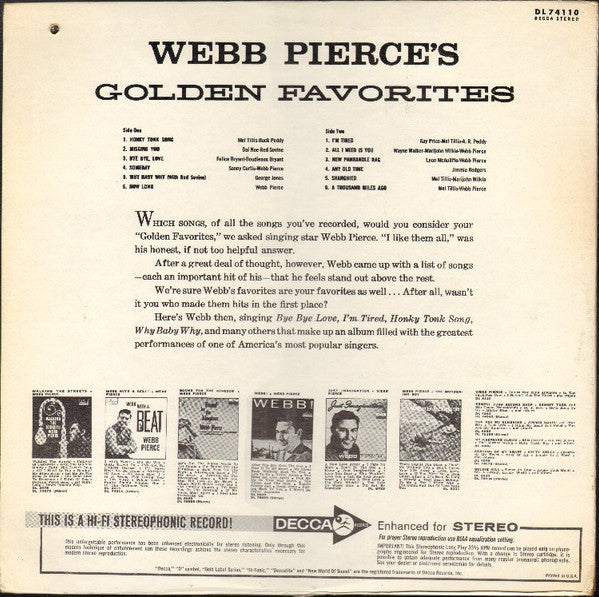 Webb Pierce : Webb Pierce's Golden Favorites (LP, Comp, Pin)