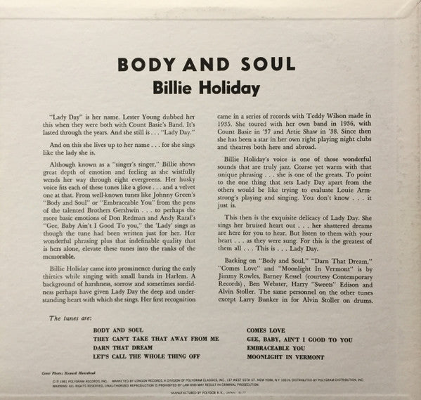 Billie Holiday : Body And Soul (LP, Album, Mono, RE, RM)